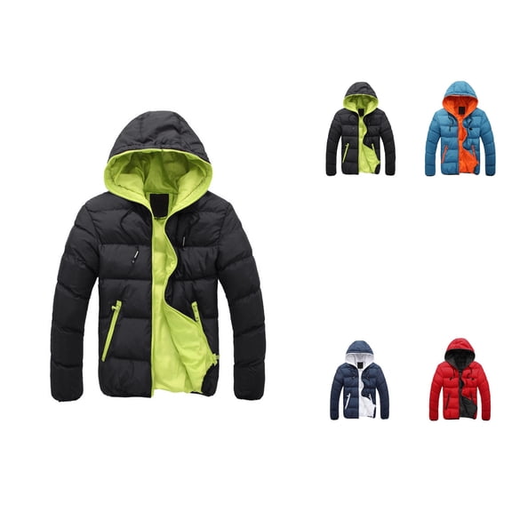 Men's Winter Casual Color Collision Zipper Hoodie, Lightweight Padded Jacket, Thermal Warm, Slim Fit, Contrast Color, Fashion Outwear