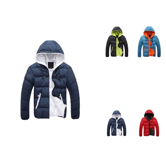 Men's Winter Casual Color Collision Zipper Hoodie, Lightweight Padded Jacket, Thermal Warm, Slim Fit, Contrast Color, Fashion Outwear