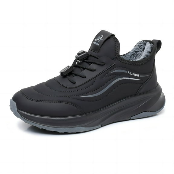 Men's Winter Casual Cotton Shoes Waterproof Outdoor Sneakers Walking Warm Shoes Lightweight Cushioned Fleece-Lined Boots Black 8.5 US