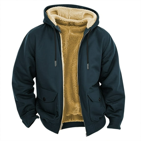 Men's Winter Casual Hooded Jacket with Zippered Pockets, Solid Color Fashion Warm Outerwear for Daily Wear and Outdoor Activities in Cold Weather Seasons,Blue,L