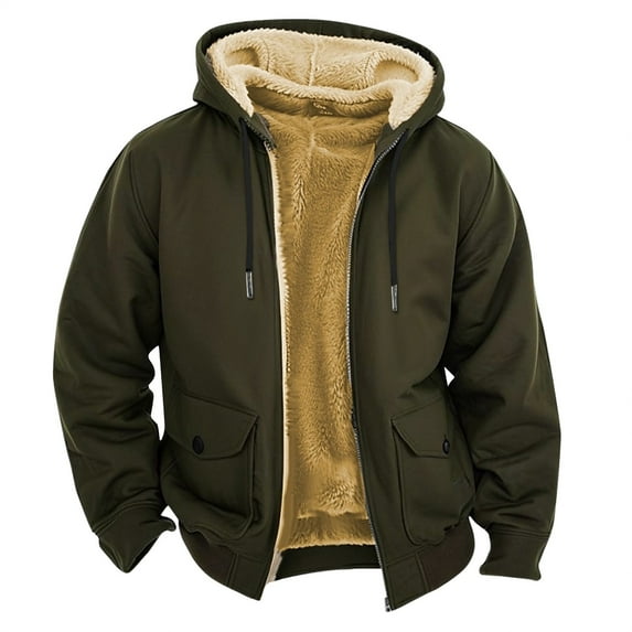 Men's Winter Casual Hooded Jacket with Zippered Pockets, Solid Color Fashion Warm Outerwear for Daily Wear and Outdoor Activities in Cold Weather Seasons,Dark Green,3XL