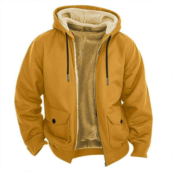 Men's Winter Casual Hooded Jacket with Zippered Pockets, Solid Color Fashion Warm Outerwear for Daily Wear and Outdoor Activities in Cold Weather Seasons,Earthy Yellow,L