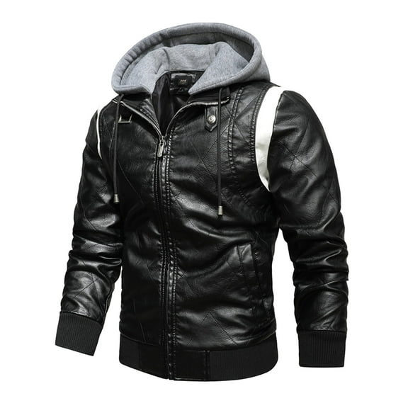 Men's Winter Casual Jacket Splice Leather Long Sleeve Hooded Coat with Zipper Pockets Stylish Outerwear