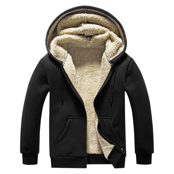 Men's Winter Casual Plush Solid Color Hooded Coats Long Sleeve Zipper Pocket Coats Jacket Versatile Outwear