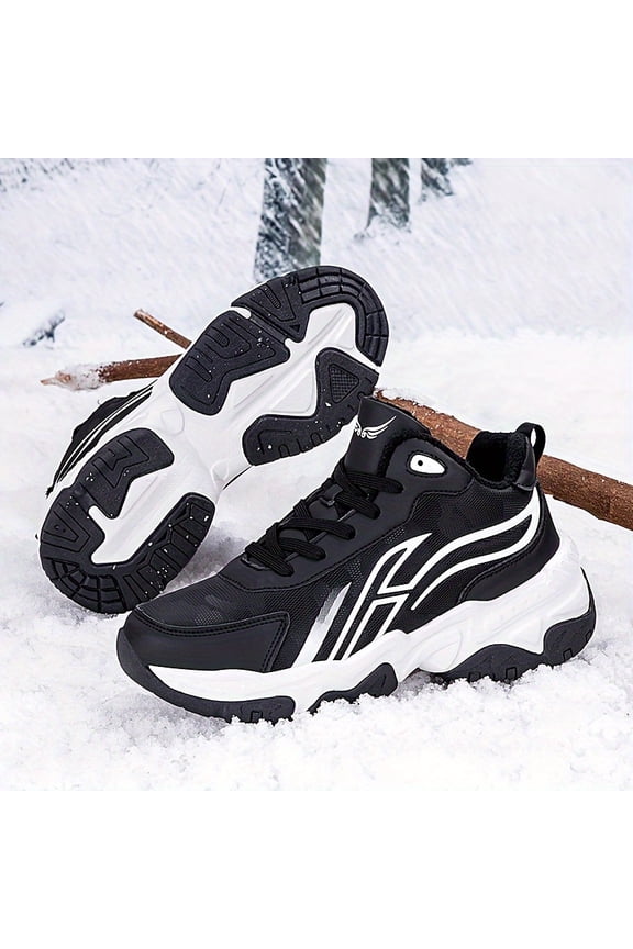 Men's Winter Chunky Sneakers - White & Black Thermal Lined, Comfortable & Stylish, Non-Slip Rubber Sole, Casual Sneakers for Hiking, Travel & Casual Attire, Travel Sneakers | Laceup Sneakers