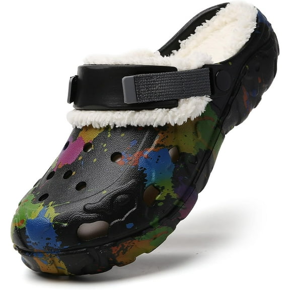Men’s Winter Clogs Faux Fur Lined Garden Clogs Lightweight Slip On Color Splash Garden Shoes with Adjustable Strap Winter Warm Lined Mules Slippers for Indoor Outdoor