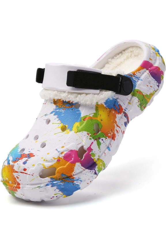 Men’s Winter Clogs Faux Fur Lined Garden Clogs Lightweight Slip On Color Splash Garden Shoes with Adjustable Strap Winter Warm Lined Mules Slippers for Indoor Outdoor