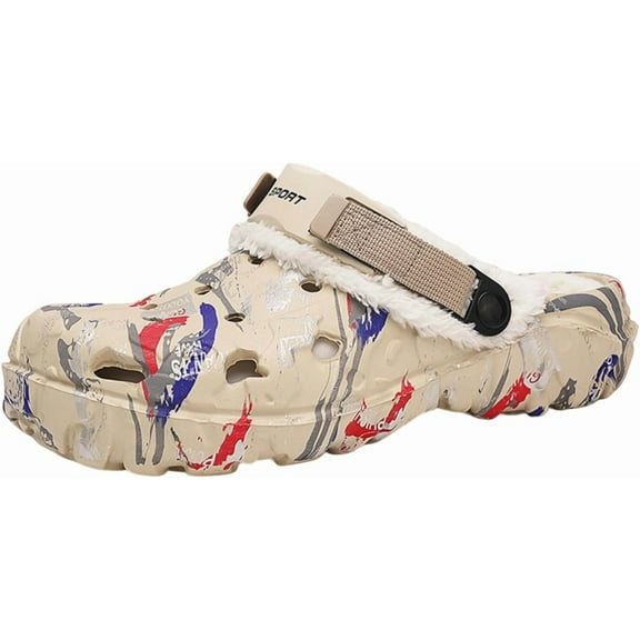 Men's Winter Clogs - Waterproof Faux Fur Lined Slippers EVA Fuzzy Lined House Shoes Warm Slip On Sandals with Back Strap Indoor Outdoor Mules