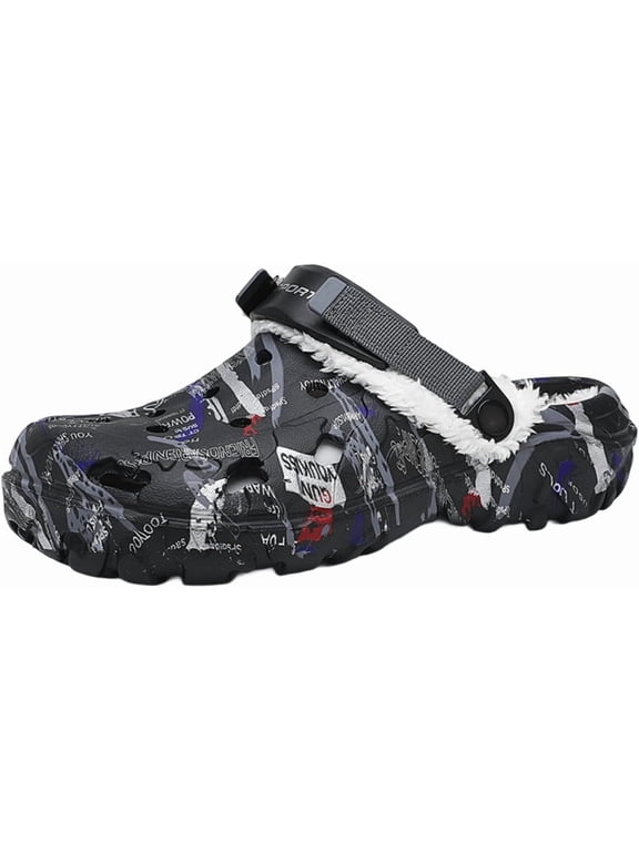 Men's Winter Clogs - Waterproof Faux Fur Lined Slippers EVA Fuzzy Lined House Shoes Warm Slip On Sandals with Back Strap Indoor Outdoor Mules