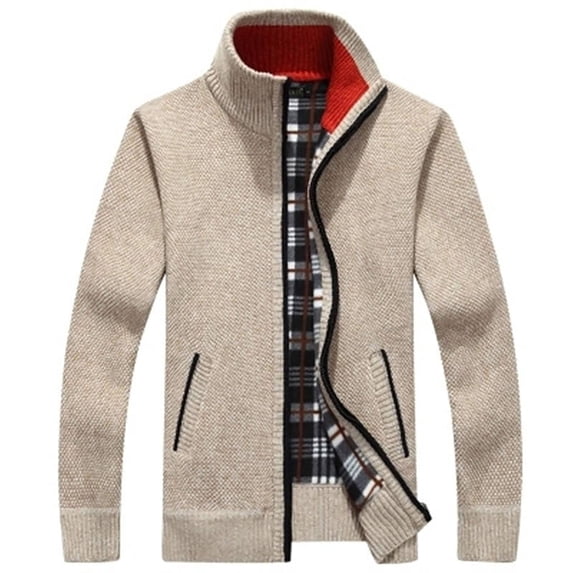 Men's Winter Coat Full Zip Thick Sherpa Fleece Lined Stand Collar Long Sleeve Knitted Cardigan Sweaters with Pockets