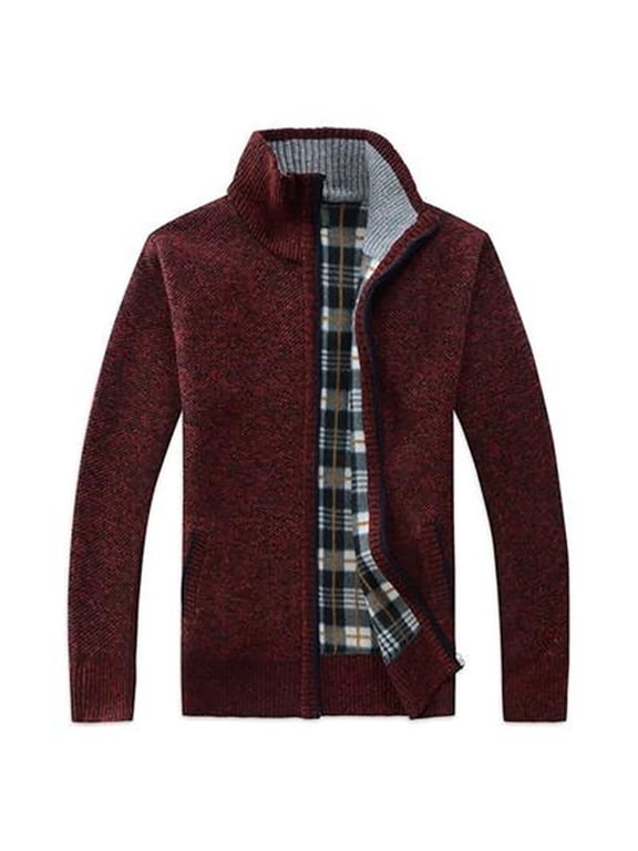 Men's Winter Coat Full Zip Thick Sherpa Fleece Lined Stand Collar Long Sleeve Knitted Cardigan Sweaters with Pockets