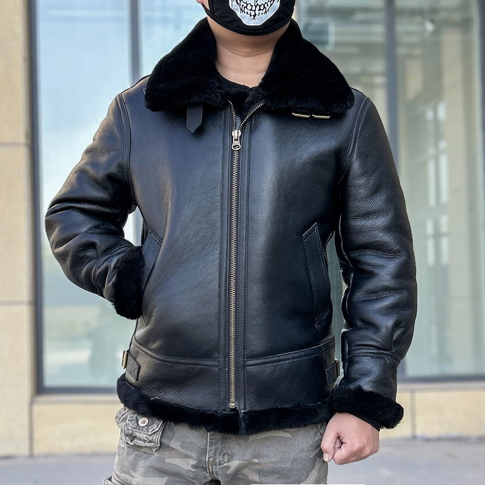 Men's Real Leather Fur Coat - Genuine Lambskin Shearling Long Trench Jacket - Black, All Sizes Available