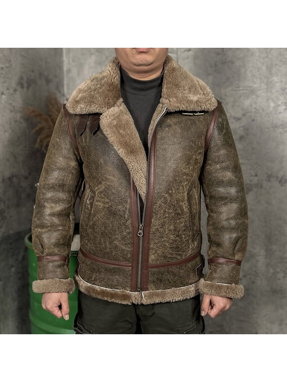 Men's Winter Coat Genuine Leather Real Natural Sheepskin Shearling Pilot Jacket for Male Thick Wool Liner Black Oversized,Green,52