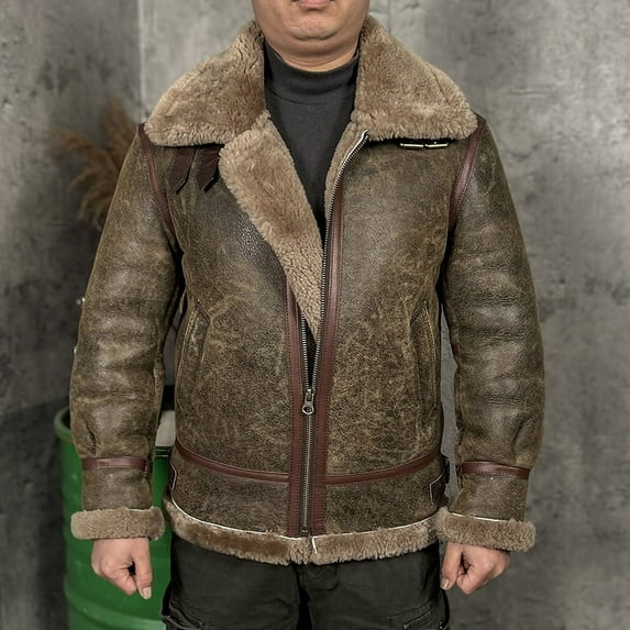 Men's Winter Coat Genuine Leather Real Natural Sheepskin Shearling Pilot Jacket for Male Thick Wool Liner Black Oversized,Green,62