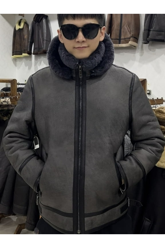 Men's Winter Coat Genuine Natural Lambskin Real Leather Shearling Pilot Jacket Thick Wool Liner Grey Plus Oversized 60 62 64 5XL 6XL,48,Grey