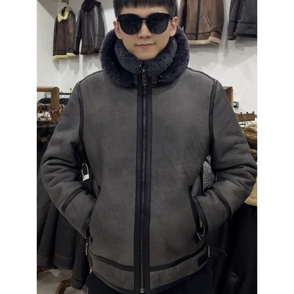 Men's Winter Coat Genuine Natural Lambskin Real Leather Shearling Pilot Jacket Thick Wool Liner Grey Plus Oversized 60 62 64 5XL 6XL,60,Grey