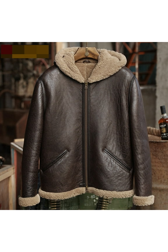 Men's Winter Coat Genuine Sheepskin Lambskin Leather Shearling Jacket for Motorcyclist Biker with a Hood Thick Wool Liner Brown Plus Size 58 60 62,50,Brown