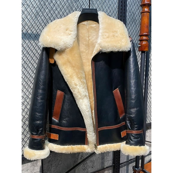 Men's Winter Coat Genuine Sheepskin Shearling Natural Leather Jacket Super Thick Wool Liner for -30 Degree Black Plus Oversized,62,Black