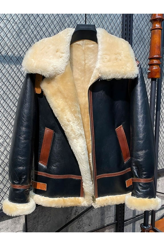 Men's Winter Coat Genuine Sheepskin Shearling Natural Leather Jacket Super Thick Wool Liner for -30 Degree Black Plus Oversized,62,Black