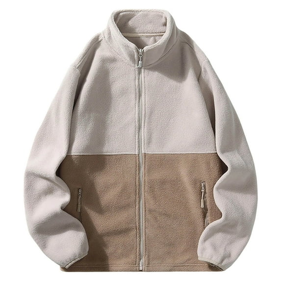 Men's Winter Coats Colorblock Fleece Full Zip Jacket Stand Collar Zipper Pockets Warm Outerwear for Men Big and Tall (2XL, Beige)