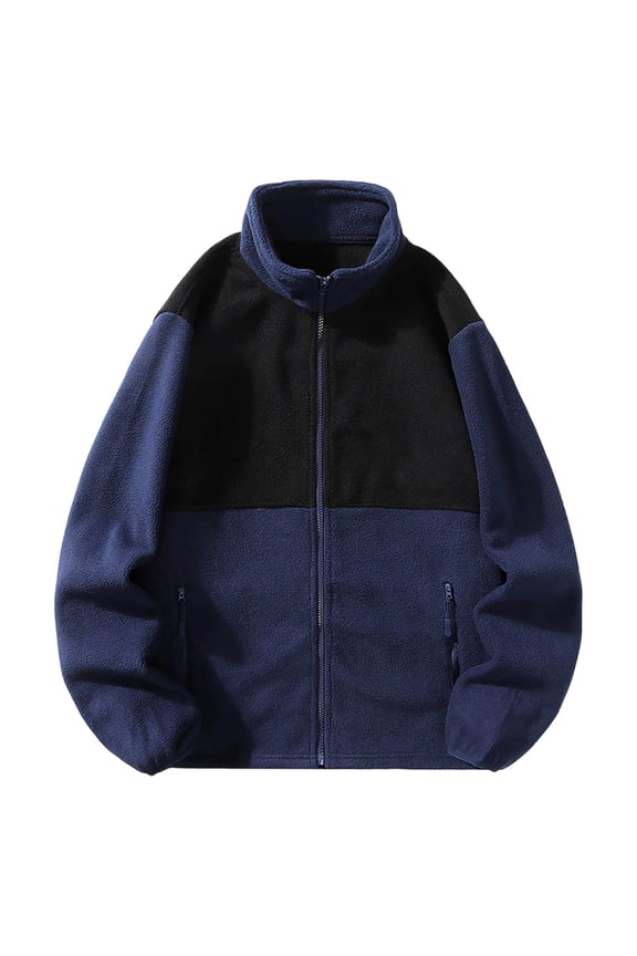 Men's Winter Coats Colorblock Fleece Full Zip Jacket Stand Collar Zipper Pockets Warm Outerwear for Men Big and Tall (3XL, Navy)