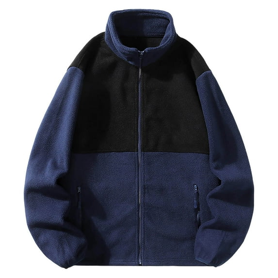 Men's Winter Coats Colorblock Fleece Full Zip Jacket Stand Collar Zipper Pockets Warm Outerwear for Men Big and Tall (XL, Navy)