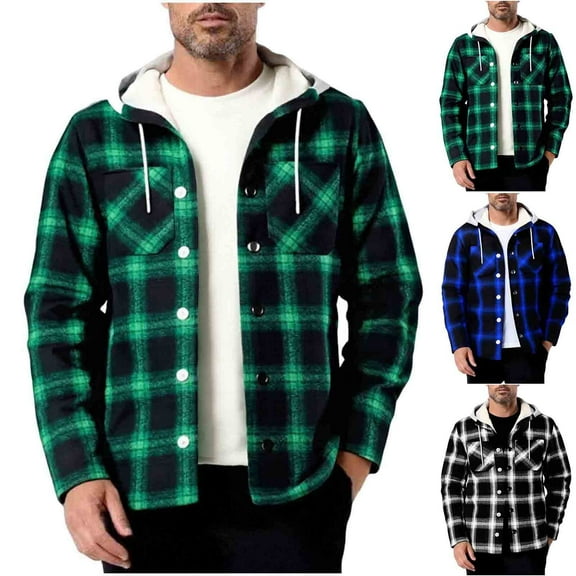 Men's Winter Coats Men's Thermal Fleece Full-Zip Hooded Jacket - Thickened Winter Coat Casual Button Drawstring Long Sleeve Hooded Outwear Jacket, Size S-3XL