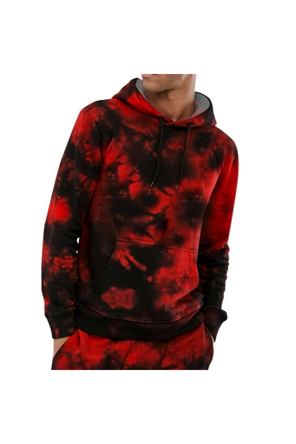 Men's Winter Color Block Tie Dye Drawstring Long Sleeve Pullover Sweater with Chest Pocket Oversized Pullover Long Sleeve Crewneck Casual Tops