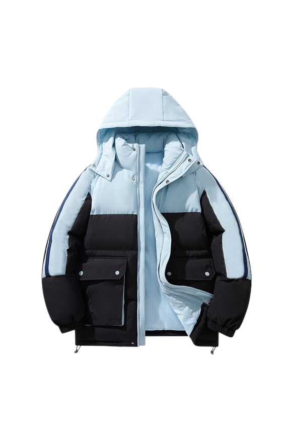 Men's Winter Color Contrast Hooded Quilted Coat Fashion Thick Color Warm Casual Quilted Coat
