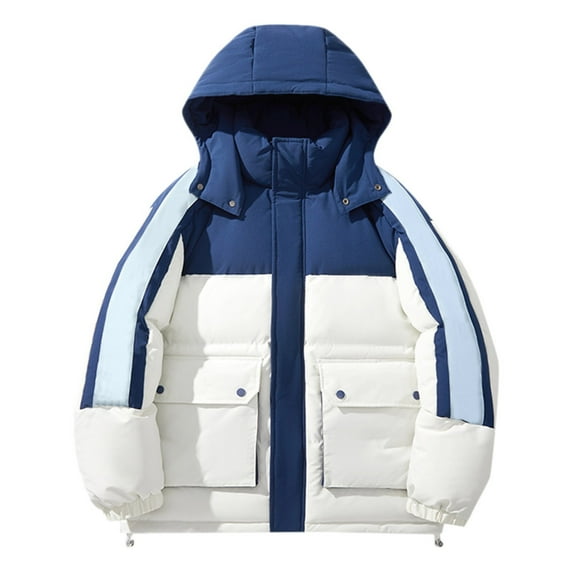 Men's Winter Color Contrast Hooded Quilted Coat Fashion Thick Color Warm Casual Quilted Coat