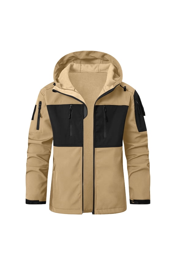 Men's Winter Colorblock Jackets with Chest Color Block for Fashion Trend and Outdoor Sports, Breathable Windproof Jackets, Men's Windbreaker and Exploration Gear,Khaki,S