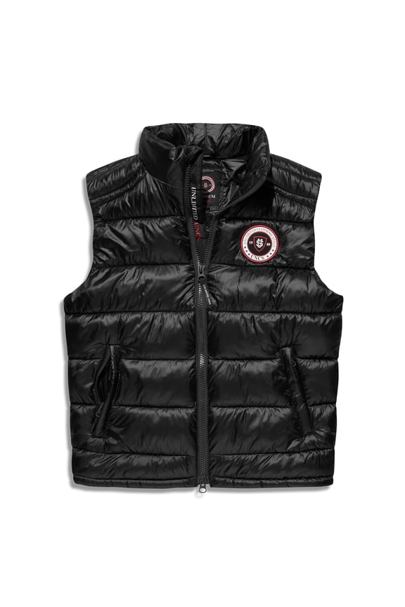 Men's Winter Compact Shiny Black Vest, Storage Pouch, Zipper Pockets, UNCS - Unlimited Clothing Style