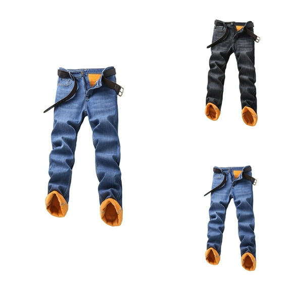 Men's Winter Fall Straight Jeans, Casual Breathable Lined, Loose Fit Business, Thermal Warm, Long Trousers