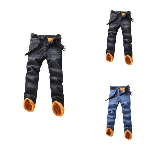 Men's Winter Fall Straight Jeans, Casual Breathable Lined, Loose Fit Business, Thermal Warm, Long Trousers