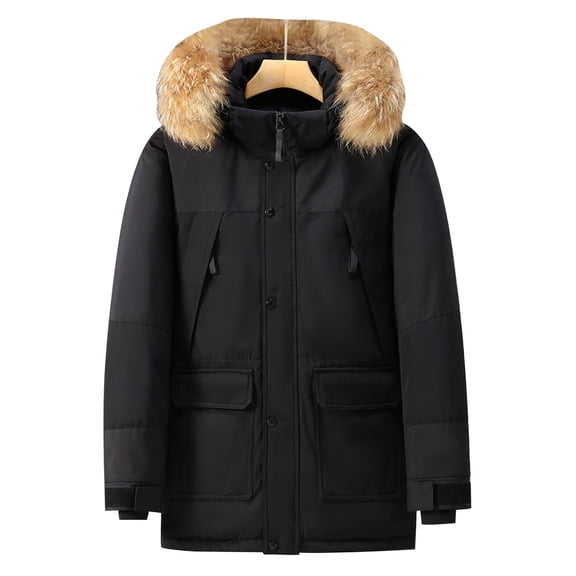 Men's Winter Fashion Windproof Casual Jacket with Hood Patchwork Design Warm Outerwear for Cold Weather