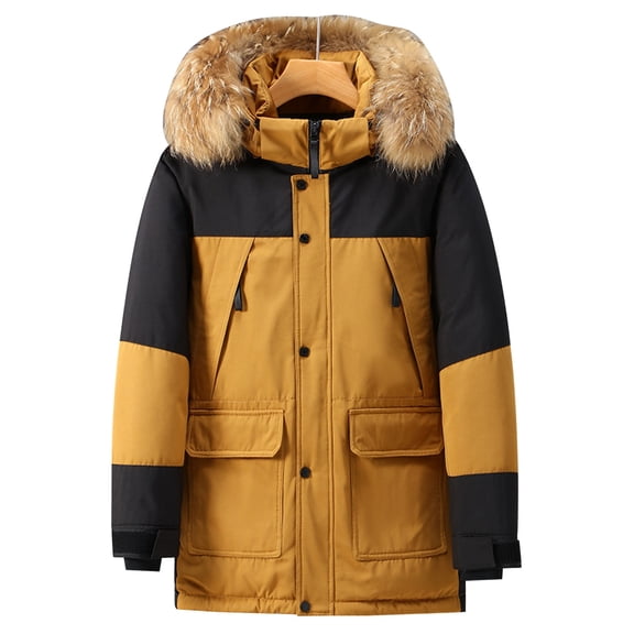 Men's Winter Fashion Windproof Casual Jacket with Hood Patchwork Design Warm Outerwear for Cold Weather