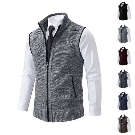 Men's Winter Faux Knitted Sweater Vest Stand Collar Zip Sleeveless Waistcoat Thermal Layering Gilet, XL