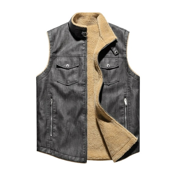 Men’s Winter Faux Leather Vest Stand Collar Fleece Lined Sleeveless Sherpa Warm Casual Jacket with Zip Pockets Thermal Layering Top