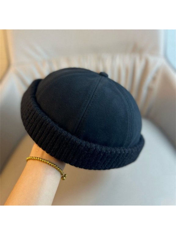 Men's Winter Fisherman Beanie Hat, Adjustable Knit Brimless Retro Melon Cap for Men, Warm Cuffed Cold Weather Beanie, Soft Thickened Blended Knit Headwear for Ski Hike Walk Commute Daily Wear Black
