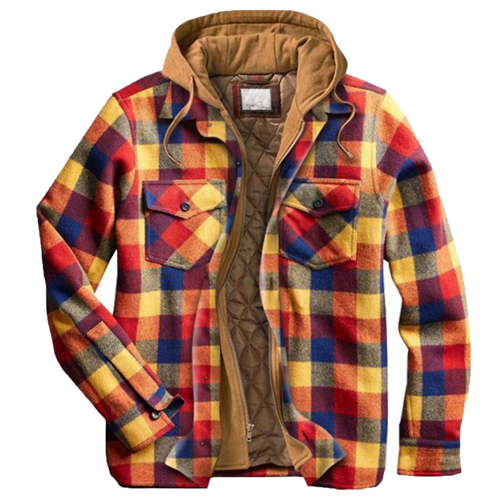 Plaid Flannel Hoodie Jacket Men Full Quilted Shirt Zip-Up Warmer 4 Pocket  Button