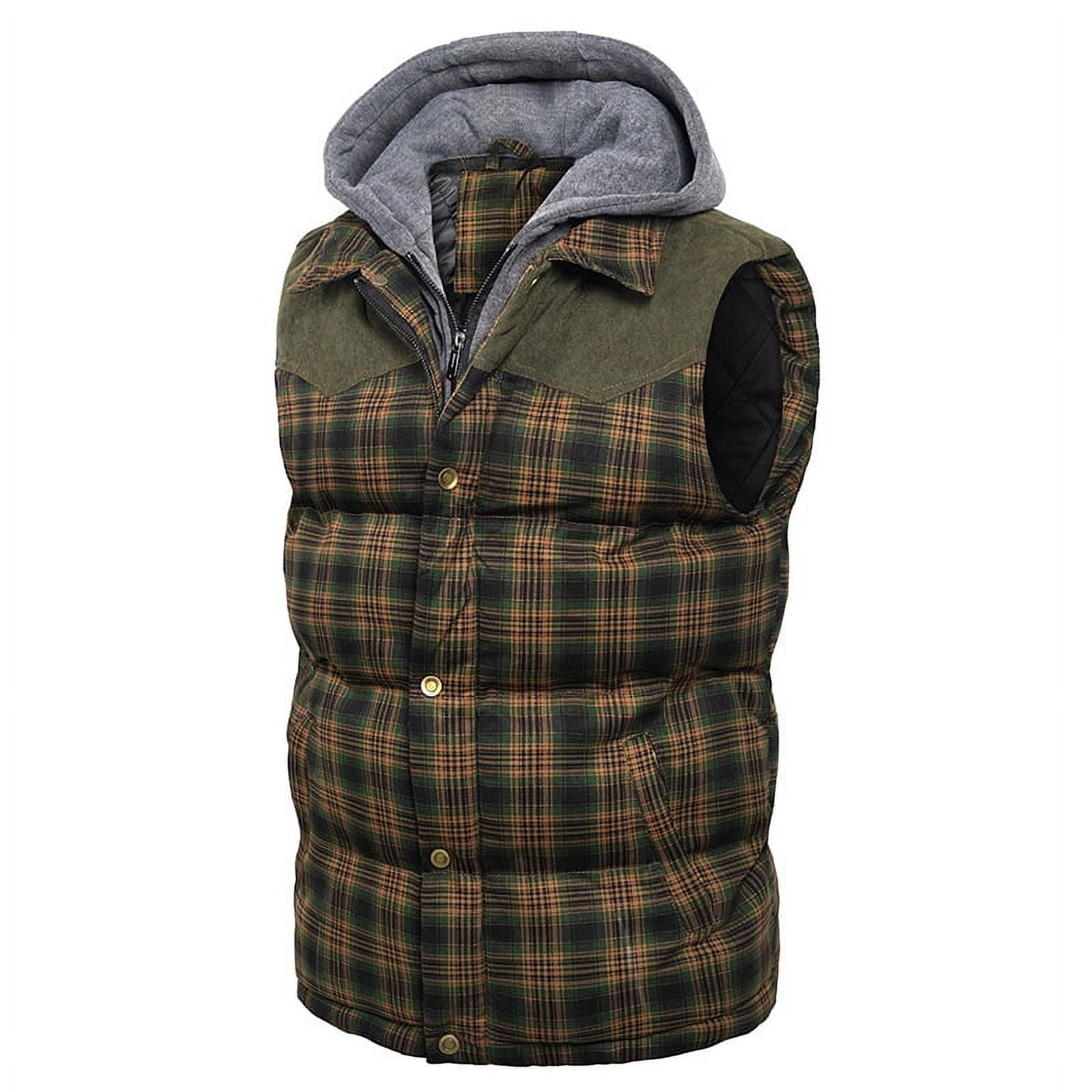 Men's Winter Flannel Quilted Plaid Sleeveless Waistcoat Hooded Padded