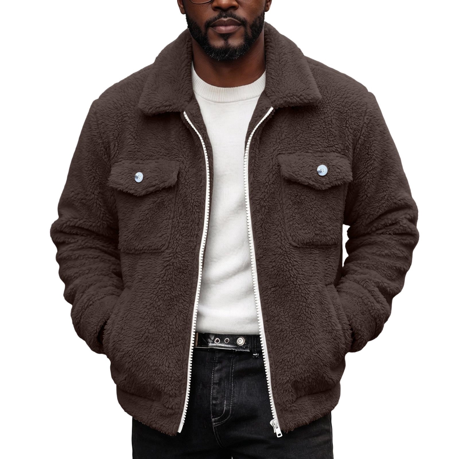 Men's Winter Fleece Jacket Collared Zip Up Fuzzy Coat,Relaxed Warm ...