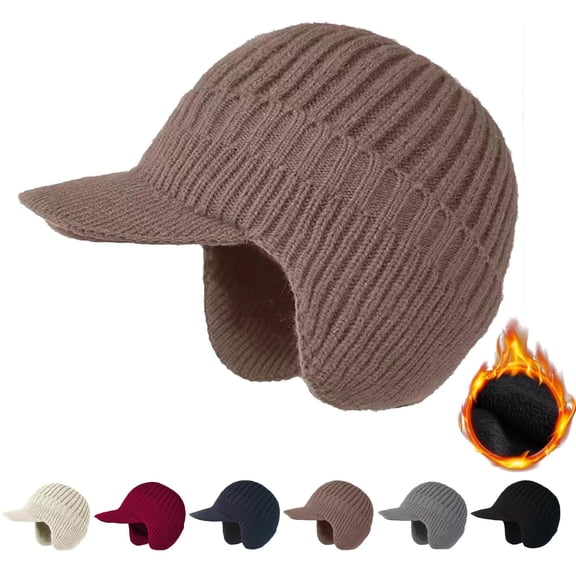 Men's Winter Fleece Lined Ear Flap Hat, Cold Weather Knit Beanie with Brim, Warm Thermal Outdoor Cap, Windproof Rainproof Ski Hat, Unisex for All Ages - Coffee