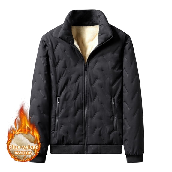 Men's Winter Fleece Lined Jacket, Full Zip Stand Collar Quilted Coat Thicken Warm Thermal Outwear Coats with Pockets Black XXL