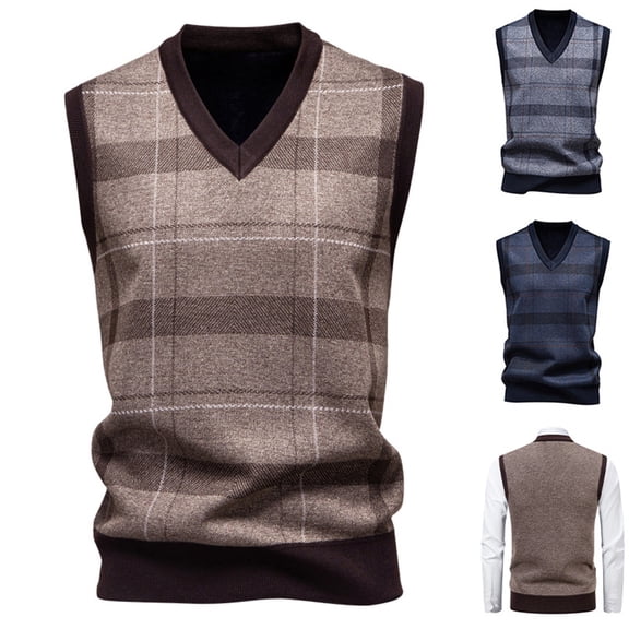 Men's Winter Fleece Lined Plaid Pullover Vest Loose Fit Sleeveless Sweater Waistcoat Dark Gray Size XL