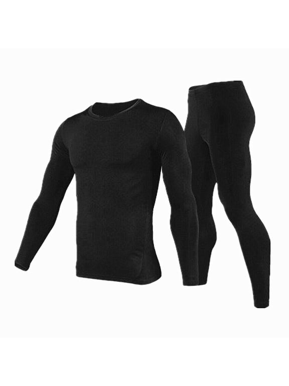 Men's Winter Fleece Lined Thermal Long Johns 100% Cotton Underwear Top Bottom 2 Pcs Set Black