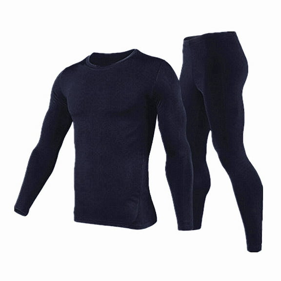 Men's Winter Fleece Lined Thermal Long Johns 100% Cotton Underwear Top Bottom 2 Pcs Set Navy