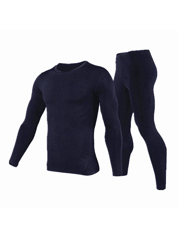 Men's Winter Fleece Lined Thermal Long Johns 100% Cotton Underwear Top Bottom 2 Pcs Set Navy