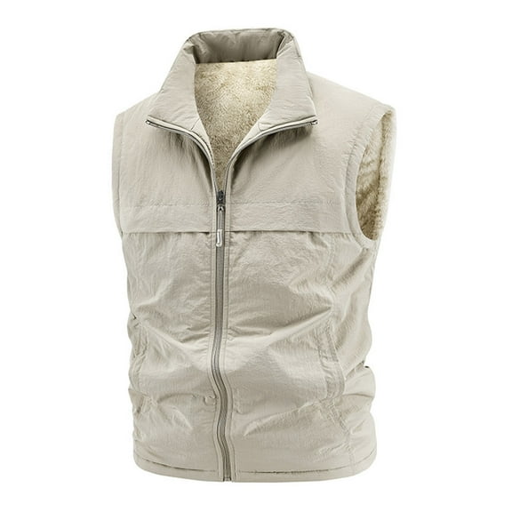 Men's Winter Fleece-Lined Vest Sleeveless Zipper Stand Collar Jacket Vest With Pockets Travel Utility Vest Gilet