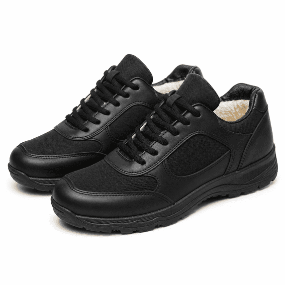 Men's Winter Fleece-Lined Work Shoes, Black Lace Up Low Top Walking Shoes for Fall and Winter